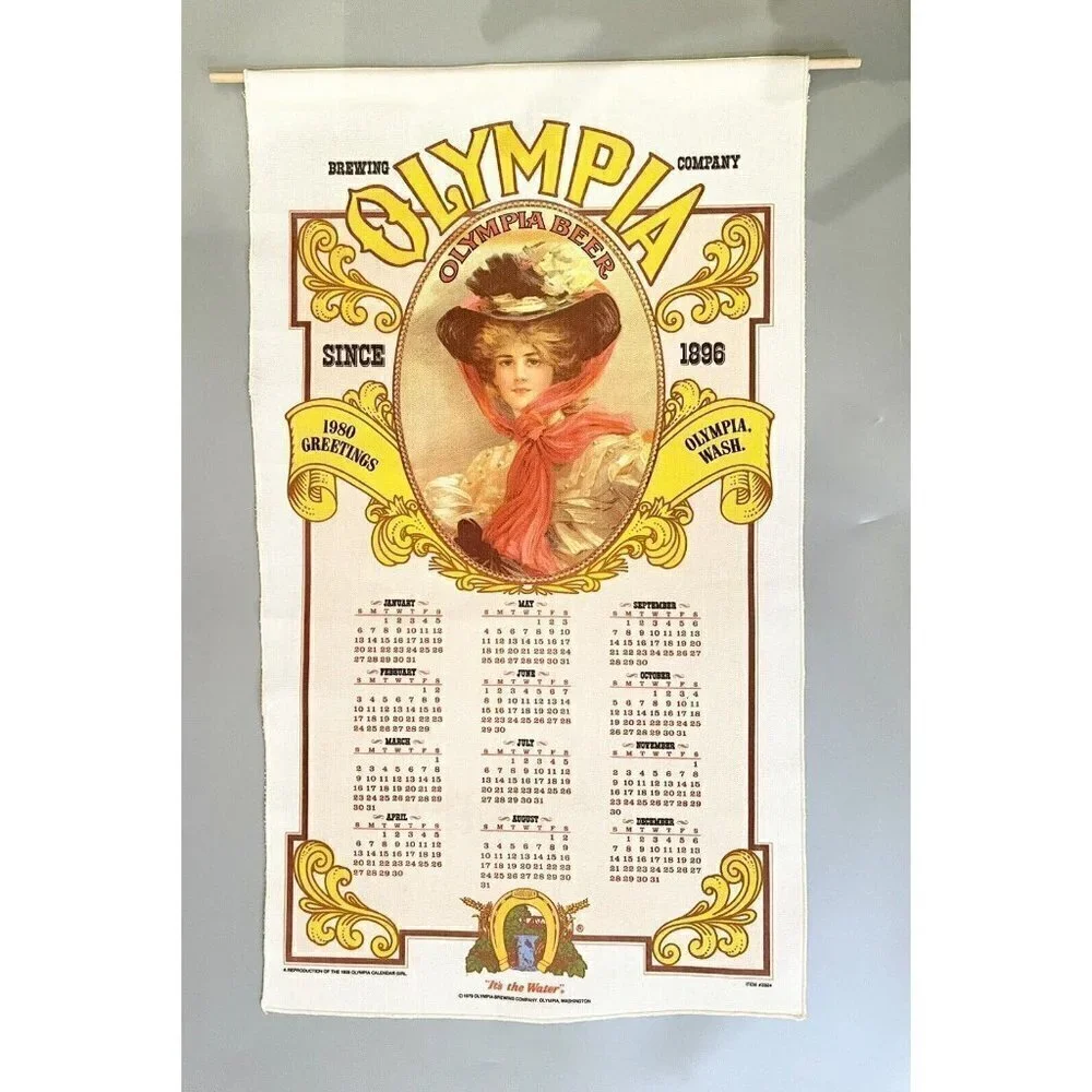 Vintage Olympia Beer Calendar 1980 Banner 1909 Olympia Calendar Girl 26.5x15.5”